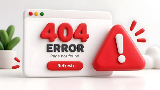 Cute 3D stylized browser window with 404 error message and chunky red warning triangle