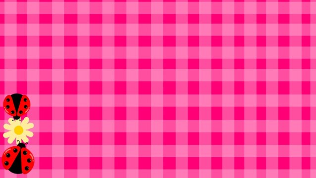 Pink gingham background with ladybug illustration. Ladybug background. Colorful spring background. Cute picnic style banner with copy space.