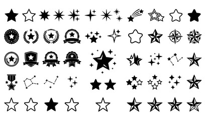 Fototapeta premium Star Shapes and Sparkle Vector Icon Set Featuring Rating Badges Constellations Night Sky Glitters and Award Symbols for UI Design and Festive Graphic Projects