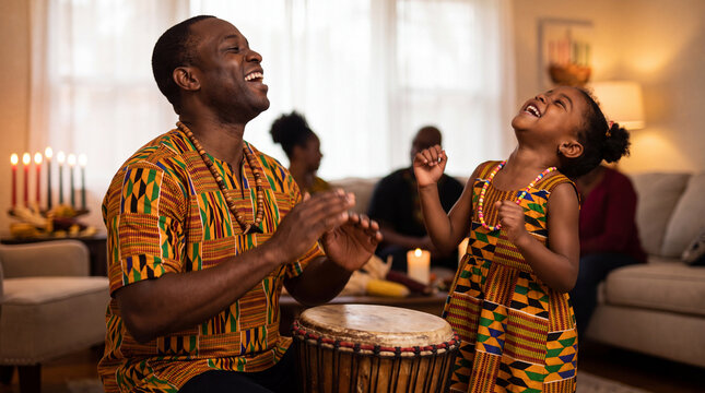 A Black father and 5-year-old daughter dancing beside a djembe drum during a joyful Kwanzaa December African holiday family celebration at home for marketing banner.