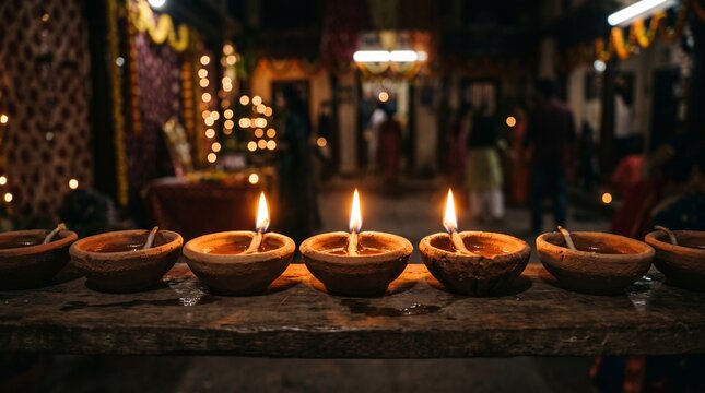 Diwali Oil Lamps Diya Row Glowing in Traditional Festival Environment   