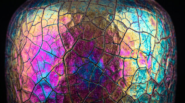 Stunning extreme macro background featuring a highly vibrant, iridescent ceramic glaze. The metallic rainbow colors contrast beautifully with a dark, intricate crackle network, merging traditional cra