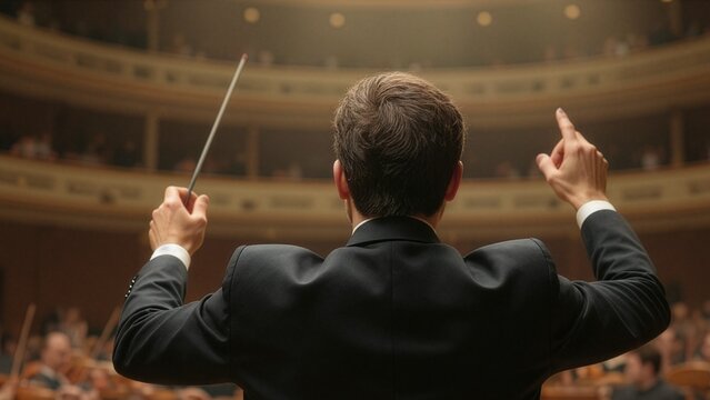 Male orchestra conductor from back view raising baton and hand to direct classical musicians performing on theater stage under warm spotlight, highlighting live symphonic concert and leadership