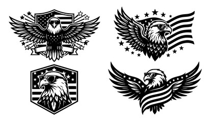 Fototapeta premium American Bald Eagle Logo Set with USA Flag and Patriotic Badges for T Shirt Designs Military Emblems Memorial Day and Fourth of July