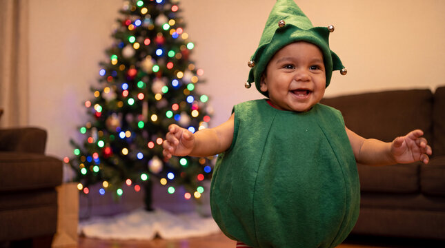 Christmas winter holiday toddler boy in elf costume toddling by tree, ideal for playful family celebration posters and seasonal marketing banners.
