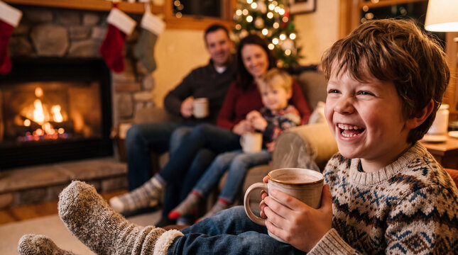 A cozy 6-year-old White boy drinking cocoa by the fireplace on Christmas evening for warm holiday background.