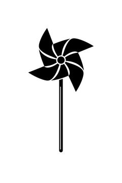 Black pinwheel icon on white background, simple windmill design element