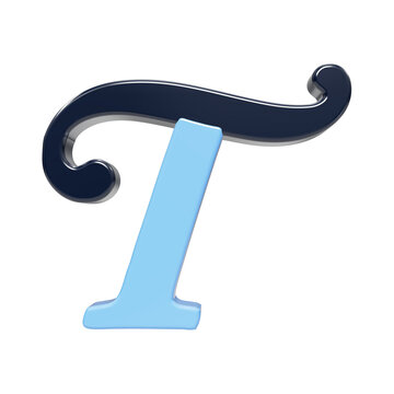 A3d rendered cursive capital letter t featuring a dual-tone aesthetic with dark navy blue metallic surfaces and a contrasting light baby blue base, isolated on a solid black background for