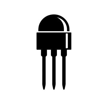 Black electronic component with three pins on a white background