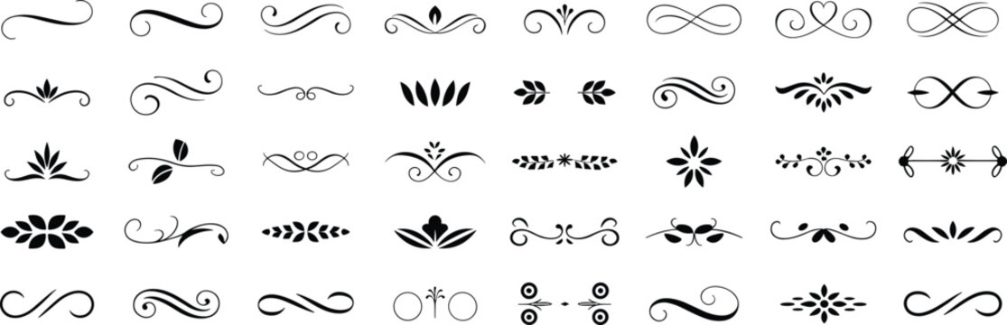 Elegant calligraphy flourishes and ornamental text dividers in minimalist black vector format