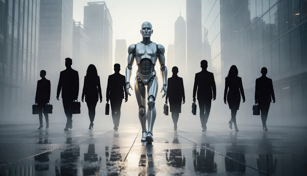 Metallic humanoid robot walking forward on a wet city street leading a group of businesspeople silhouettes, conceptualizing artificial intelligence leadership and future workplace automation
