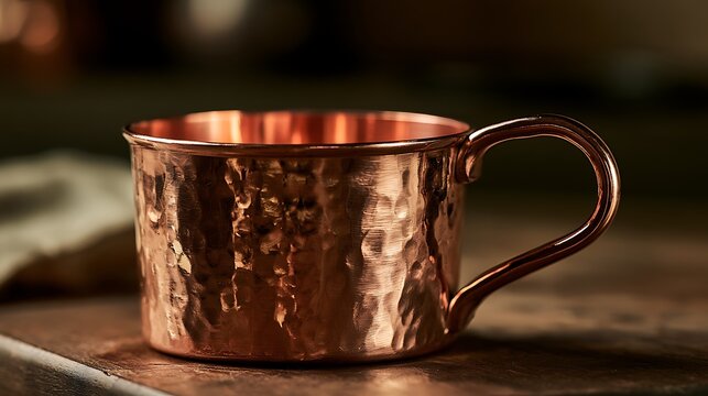 Elegant Handcrafted Copper Mug on Rustic Wooden Table.
