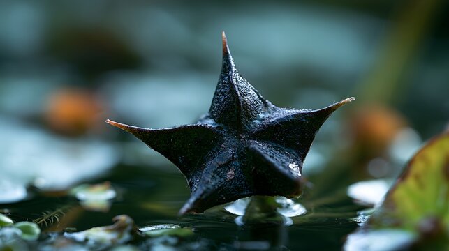 A single dark water chestnut fruit floating on the surface of a pond.