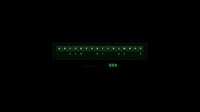 Green digital interface displays a data decryption process on a black background, with percentages and alphanumeric characters rapidly updating to simulate a high-tech hack.