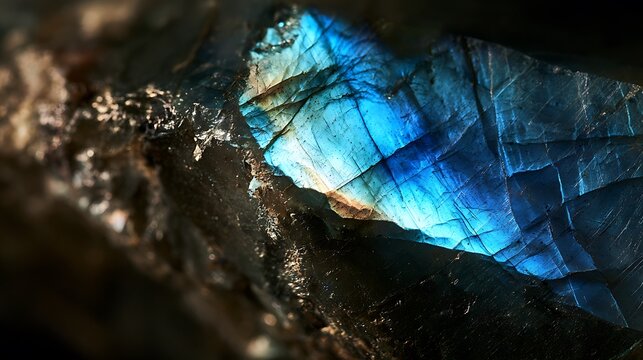Macro detail of natural labradorite gemstone showing vibrant blue labradorescence.