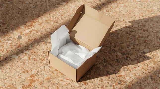 Minimalist open brown cardboard shipping box with white tissue paper inside placed on a speckled terrazzo stone floor under bright direct sunlight with sharp shadows, eco-friendly packaging mockup.