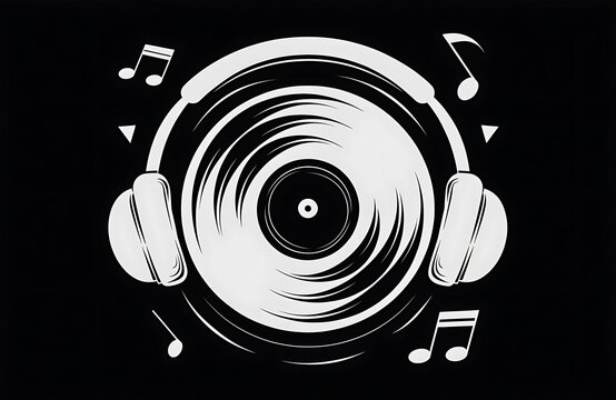 Vinyl record player with headphones and music notes icon