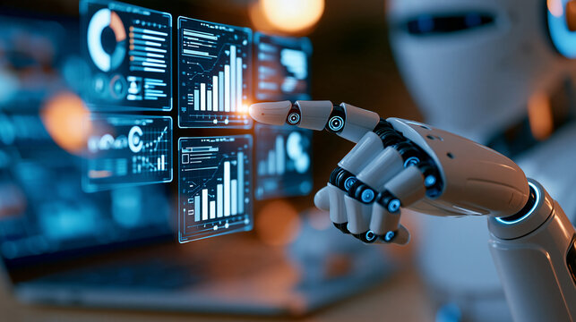 Close-up robotic hand touching floating data visualization panels, machine learning, automation, predictive analytics, robotics, digital transformation, premium futuristic