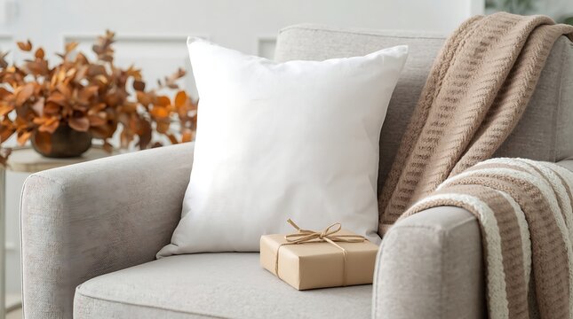 Mockup of a white square throw pillow on a modern grey armchair accompanied by a small gift box wrapped in craft paper and a knitted blanket in a bright, cozy living room interior setting.