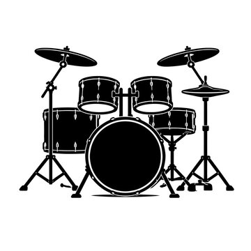 Black drum set with cymbals on stands isolated on white background for music and instrument concepts