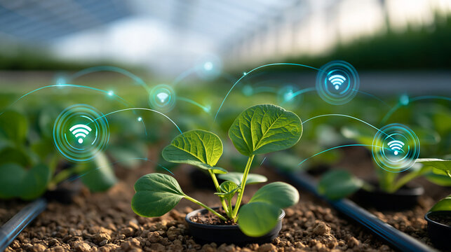 Smart agriculture greenhouse with digital sensors monitoring plants, automated irrigation, connected agriculture, sustainable farming, precision agriculture, IoT technology,