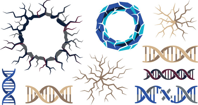 Abstract DNA helix and crack patterns vector illustration set. Genetic code strands with circular ground cracks and broken ice ring structures isolated on white background