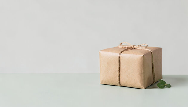 Kraft paper parcel tied with twine on pale green background