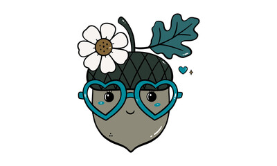 Cute cartoon acorn character wearing heart shaped glasses and a flower © Mim