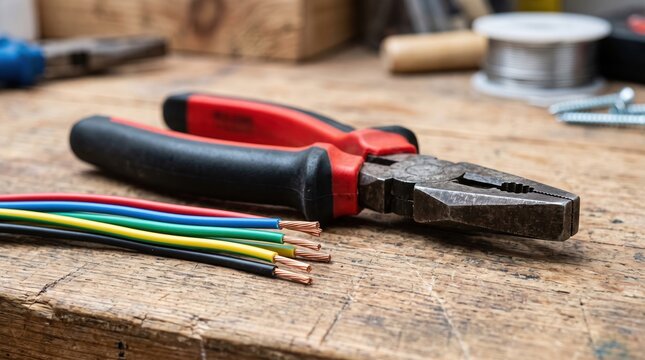 Red pliers gripping colorful electrical wires on rustic wooden workbench
