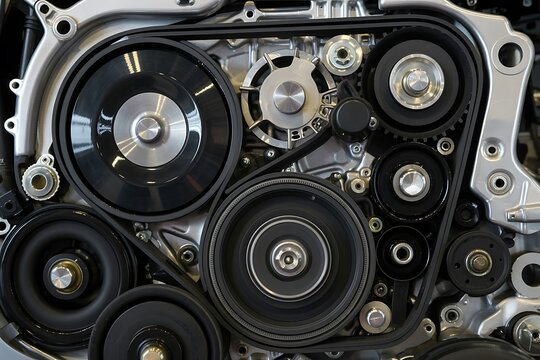 Machinery displays internal timing belt and rotating metal cogs.