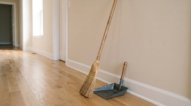 Clean wooden floor with broom and dustpan ready for sweeping