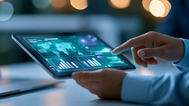 Close-up hands holding a tablet with a holographic AI dashboard, data visualization, machine learning, enterprise software, digital business solutions, modern office environment,