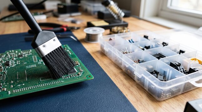 Close-up of electronics soldering with components and tool on blue work surface