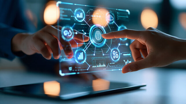 Faceless hand navigating a transparent holographic interface containing AI, analytics and cloud technology symbols, enterprise software, digital innovation, smart business