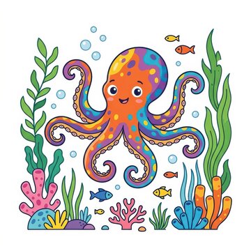 Cute cartoon octopus underwater with fish and coral