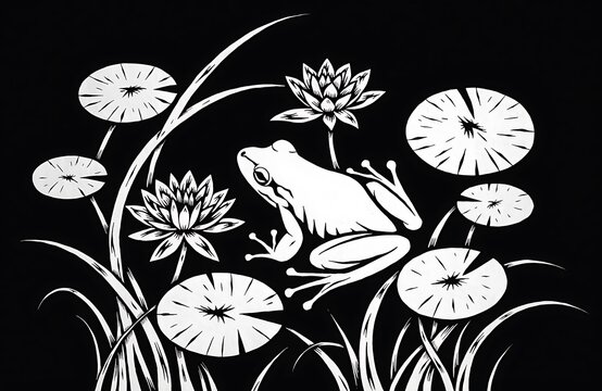 Frog sitting on lily pads in a pond illustration
