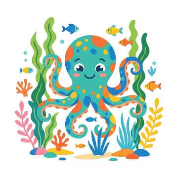 Cute octopus with marine life in flat vector style