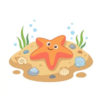 Cute cartoon starfish on sandy seabed
