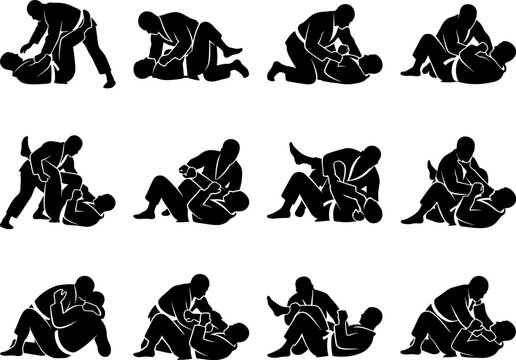 Martial arts grappling silhouette vector set of fighting poses