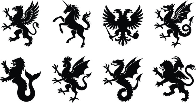 Set of black silhouettes of heraldic creatures, mythical animals, and medieval symbols