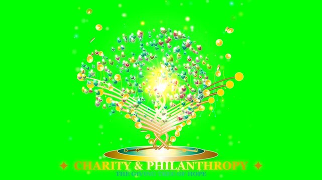 Ultra-premium charity and philanthropy concept: a magnificent sculptural 3D Golden Tree of Life with braided spiral trunks, a glowing central Crystal Heart core.