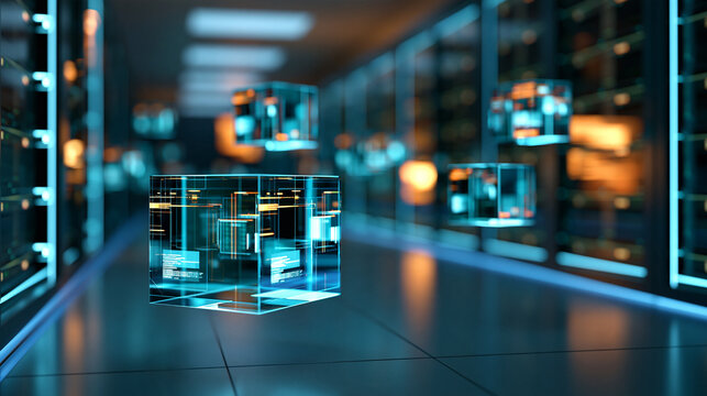 Secure server room with glowing digital cubes representing processed machine learning datasets, AI infrastructure, data processing, cloud computing, server technology,