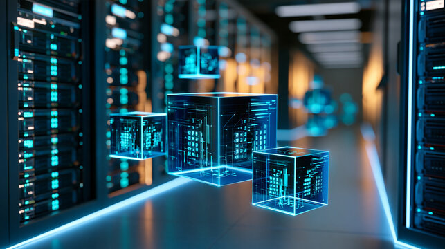 Secure server room with glowing digital cubes representing processed machine learning datasets, AI infrastructure, data processing, cloud computing, server technology,