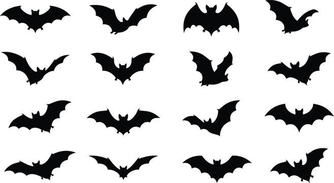 Set of black bat silhouettes flying in different poses for design