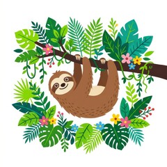 Obraz premium Cute sloth hanging on branch in tropical leaves