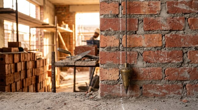 Rustic brick workshop with stacked firewood and tools beside old brick wall