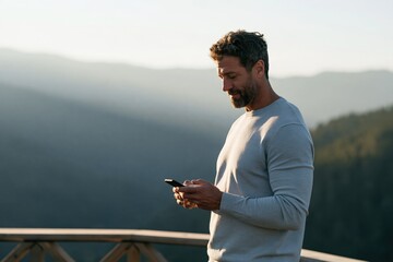 Naklejka premium Man checking smartphone on scenic mountain balcony at sunrise for wellness background and website banner