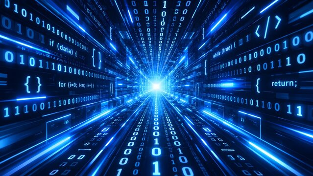 Glowing blue binary code tunnel representing high speed data transfer and internet network connection