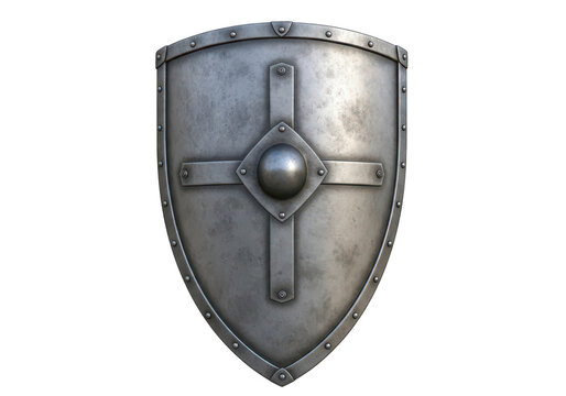 Medieval shield with central boss and metal rivets sits on transparent background
