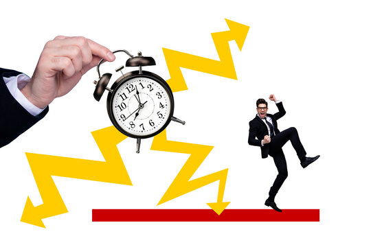 Creative collage picture young businessman alarm bell time management arm hold clock urgency late miss hour drawing background